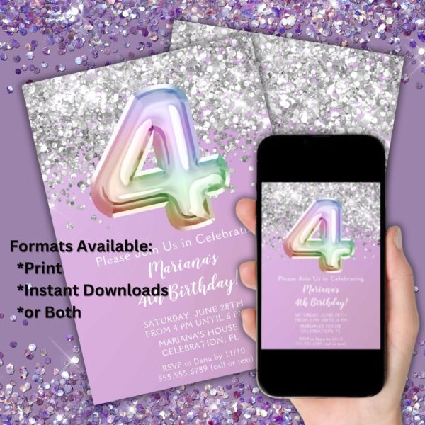 4th Birthday Party Invitation Rainbow Glitter Foil Balloons Birthday Party for a 4 Year Old