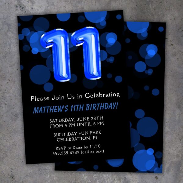 11th Birthday Party Invitation Blue and Black Balloons Birthday Party Invite for a 11 Year Old