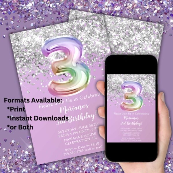 3rd Birthday Party Invitation Rainbow Glitter Foil Balloons Birthday Party for a 3 Year Old