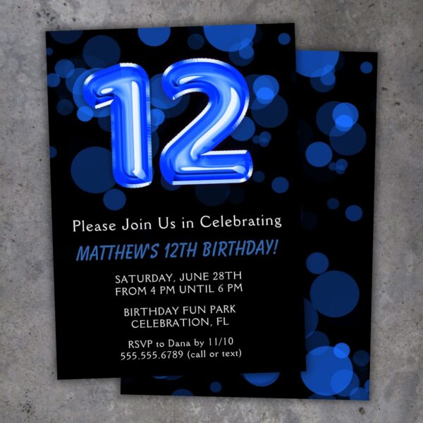 12th Birthday Party Invitation Blue and Black Balloons Birthday Party Invite for a 12 Year Old