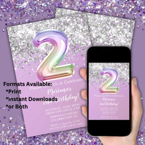 2nd Birthday Party Invitation Rainbow Glitter Foil Balloons Birthday Party for a 2 Year Old