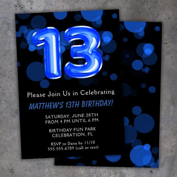 13th Birthday Party Invitation Blue and Black Balloons Birthday Party Invite for a 13 Year Old