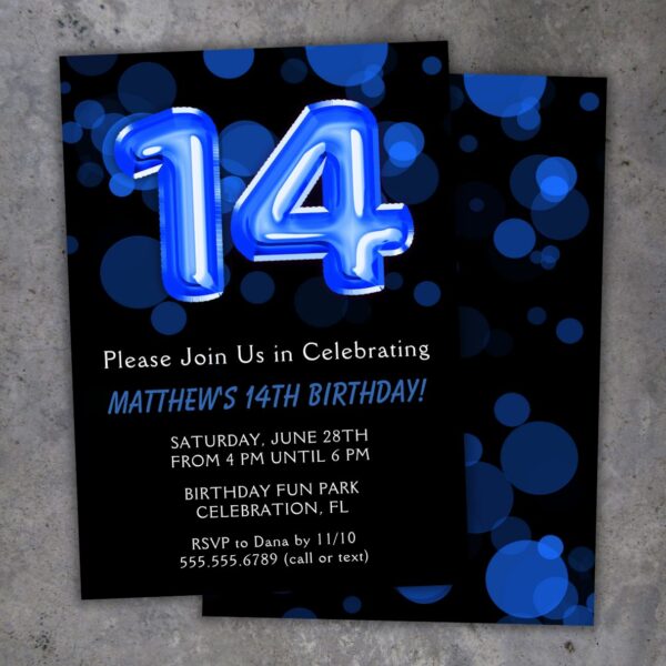 14th Birthday Party Invitation Blue and Black Balloons Birthday Party Invite for a 14 Year Old