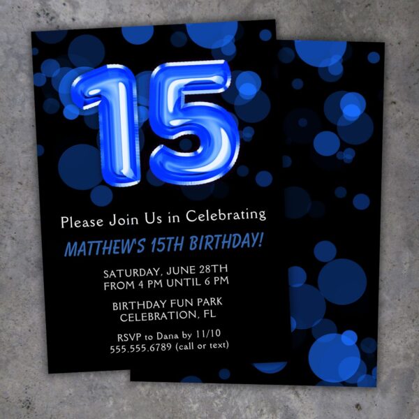 15th Birthday Party Invitation Blue and Black Balloons Birthday Party Invite for a 15 Year Old