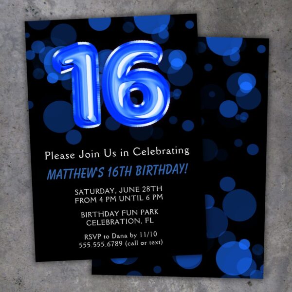 16th Birthday Party Invitation Blue and Black Balloons Birthday Party Invite for a 16 Year Old