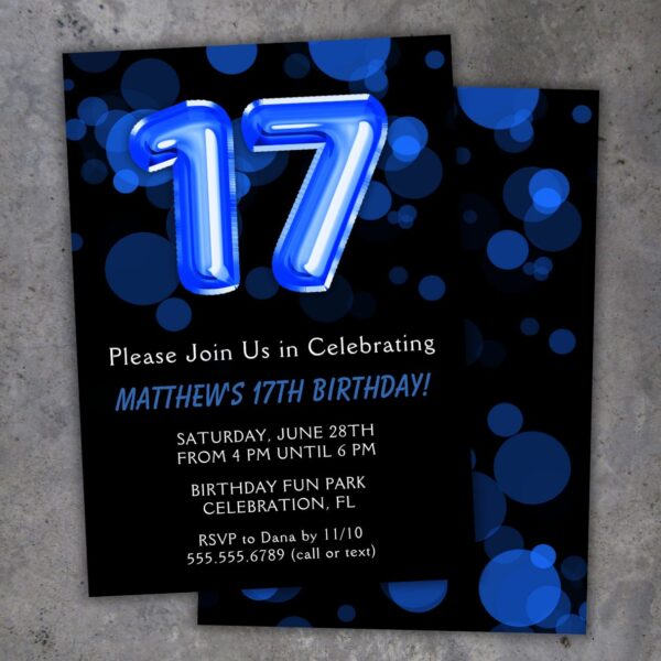 17th Birthday Party Invitation Blue and Black Balloons Birthday Party Invite for a 17 Year Old