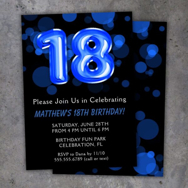 18th Birthday Party Invitation Blue and Black Balloons Birthday Party Invite for a 18 Year Old