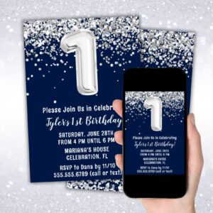 instant download navy blue silver 1st birthday party invitation