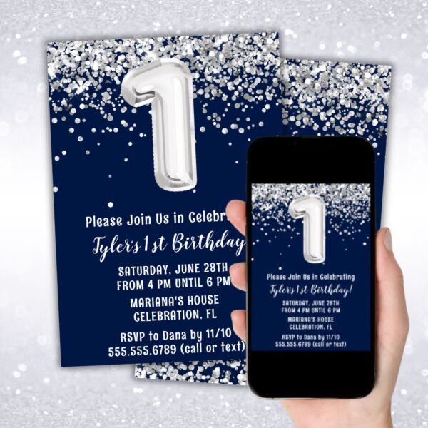 instant download navy blue silver 1st birthday party invitation