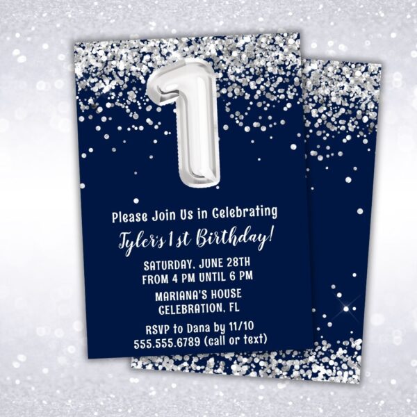 navy blue silver 1st birthday party invitation