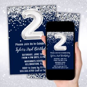 instant download navy blue silver 2nd birthday party invitation