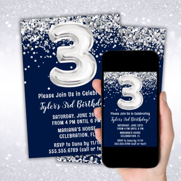 instant download navy blue silver 3rd birthday party invitation