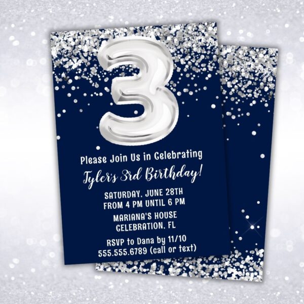 navy blue silver 3rd birthday party invitation