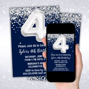 instant download navy blue silver 4th birthday party invitation