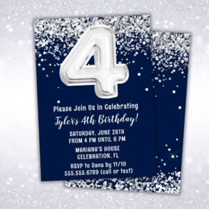 navy blue silver 4th birthday party invitation