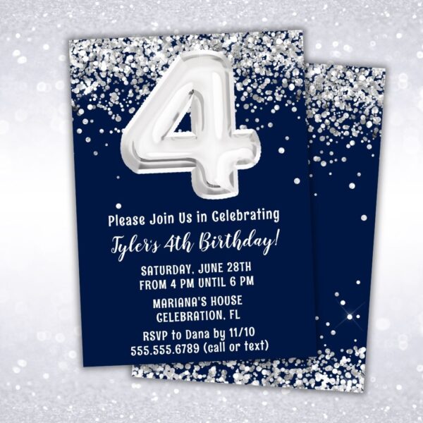 navy blue silver 4th birthday party invitation