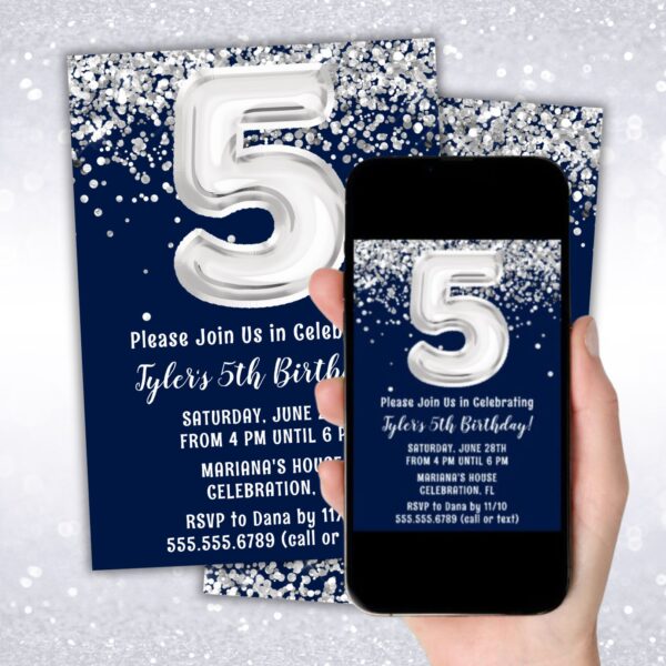 instant download navy blue silver 5th birthday party invitation