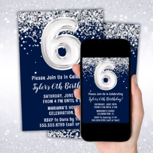 instant download navy blue silver 6th birthday party invitation