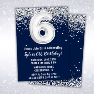 navy blue silver 6th birthday party invitation