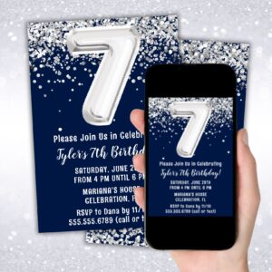 instant download navy blue silver 7th birthday party invitation