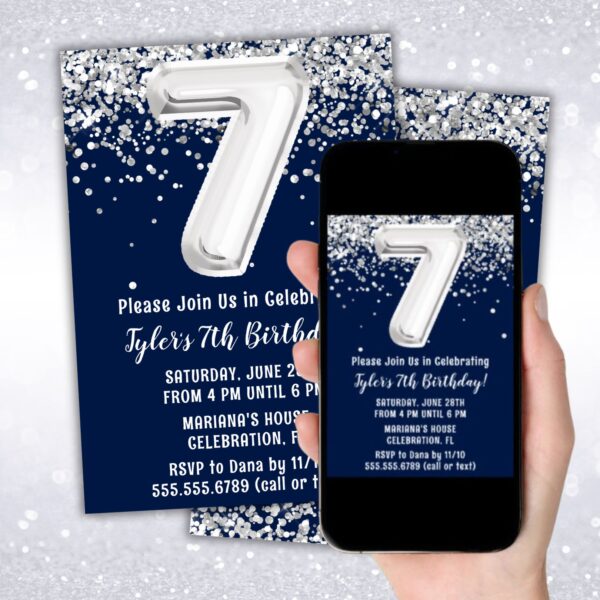 instant download navy blue silver 7th birthday party invitation