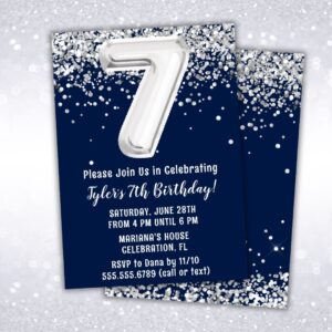 navy blue silver 7th birthday party invitation