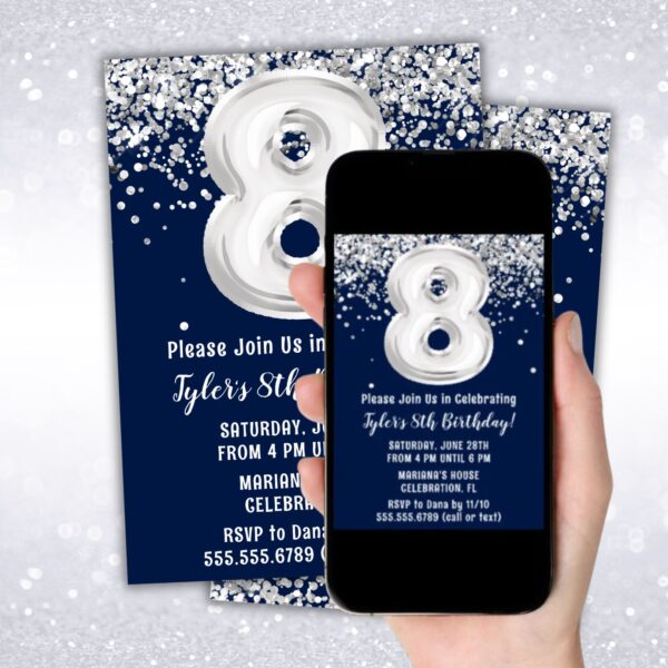 instant download navy blue silver 8th birthday party invitation