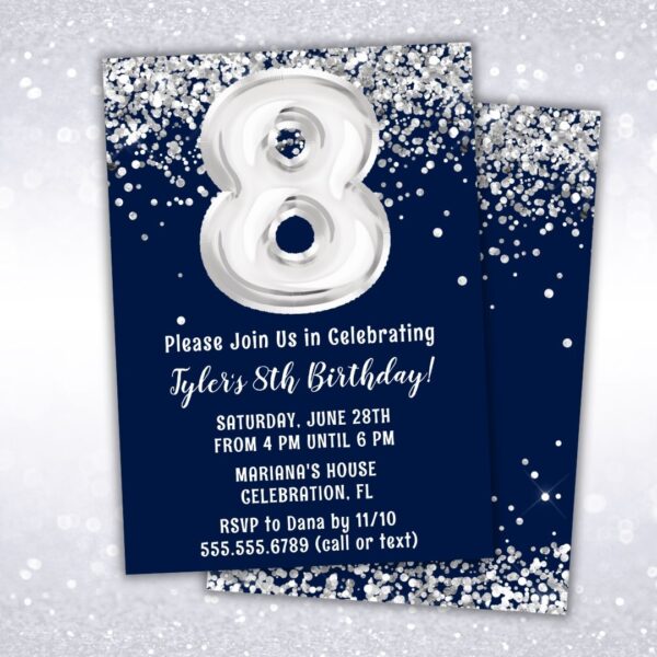 navy blue silver 8th birthday party invitation