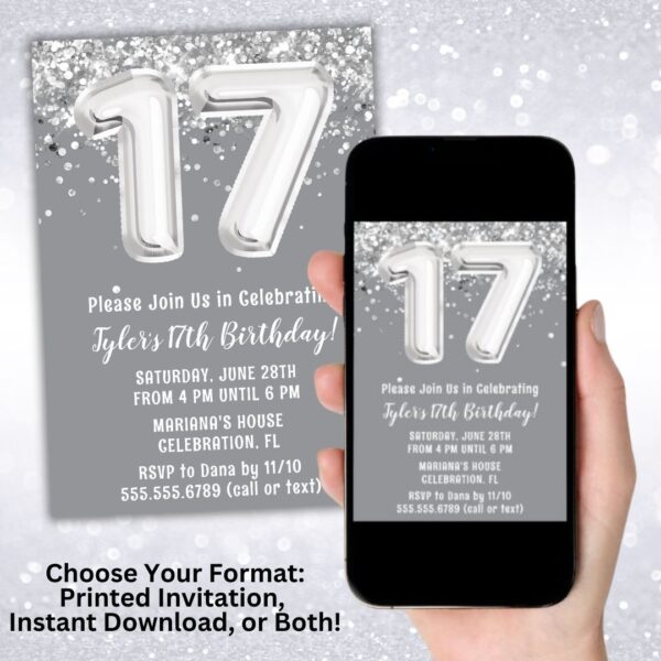 Gray Silver 17th Birthday Party Invitation digital download