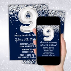 instant download navy blue silver 9th birthday party invitation