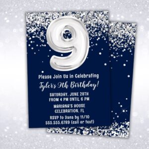 navy blue silver 9th birthday party invitation