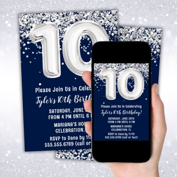 instant download navy blue silver 10th birthday party invitation