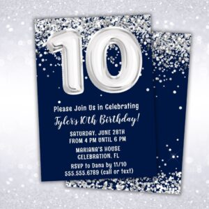 navy blue silver 10th birthday party invitation