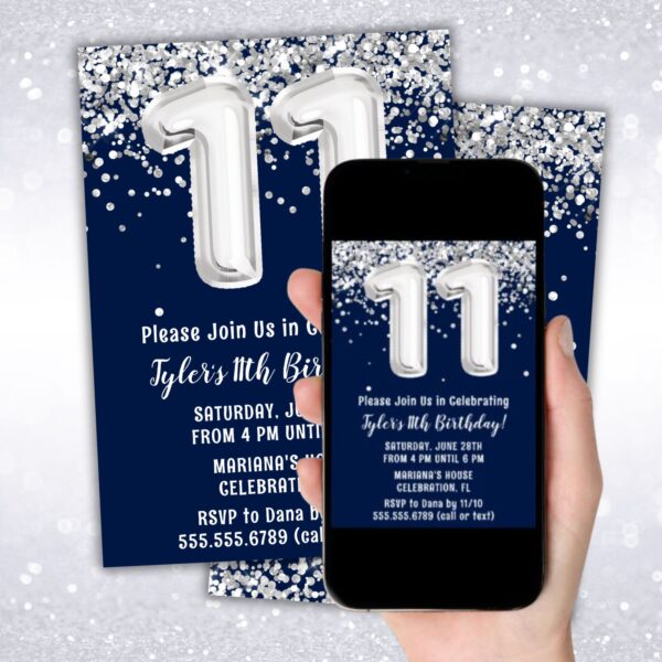 instant download navy blue silver 11th birthday party invitation