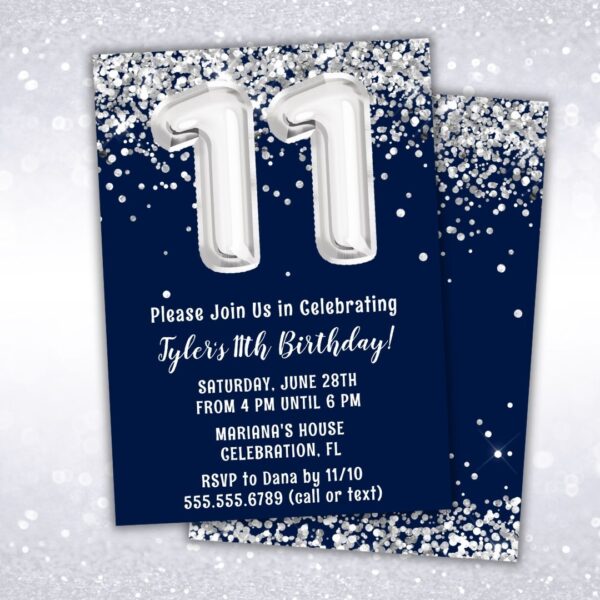 navy blue silver 11th birthday party invitation