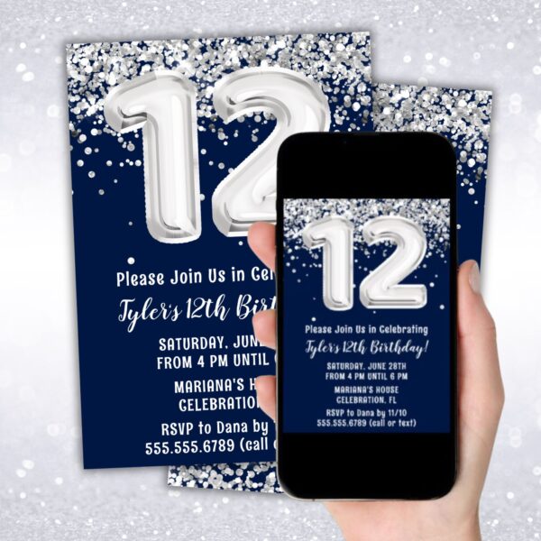 instant download navy blue silver 12th birthday party invitation