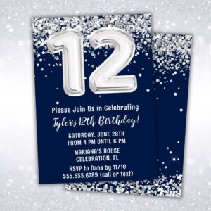 navy blue silver 12th birthday party invitation