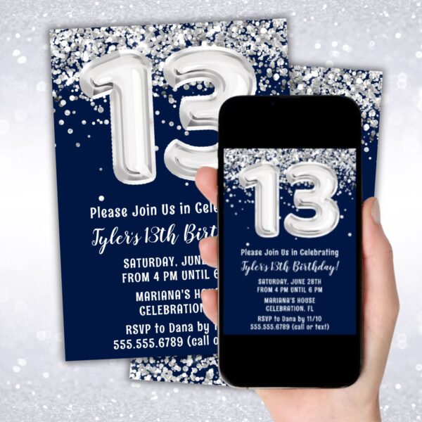 instant download navy blue silver 13th birthday party invitation