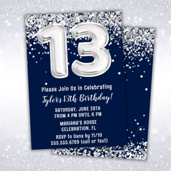 navy blue silver 13th birthday party invitation