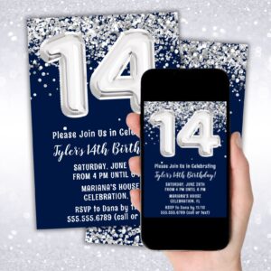 instant download navy blue silver 14th birthday party invitation