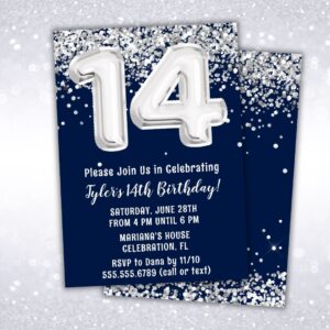 navy blue silver 14th birthday party invitation