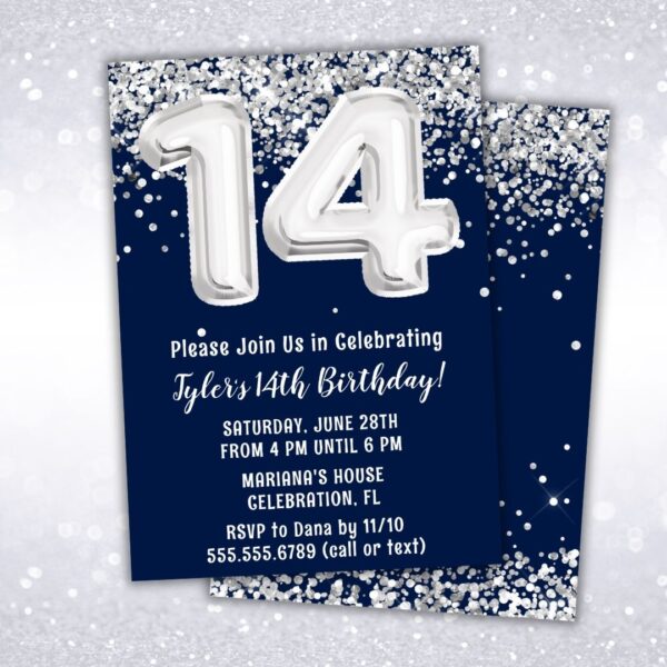 navy blue silver 14th birthday party invitation