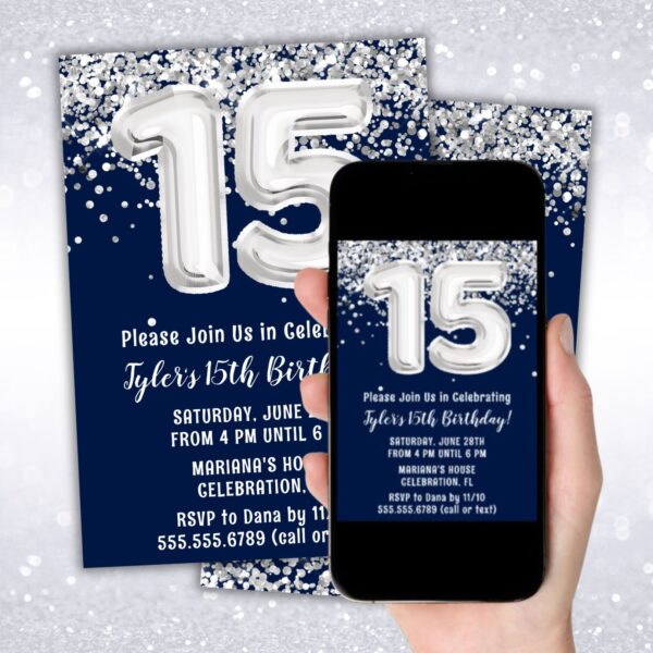 instant download navy blue silver 15th birthday party invitation