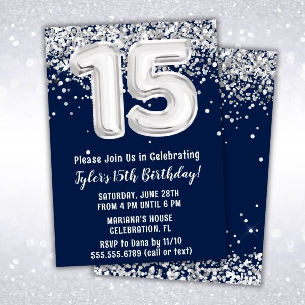 navy blue silver 15th birthday party invitation