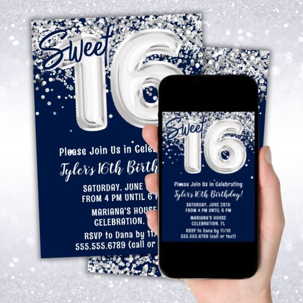 instant download navy blue silver 16th birthday party invitation