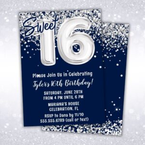 navy blue silver 16th birthday party invitation