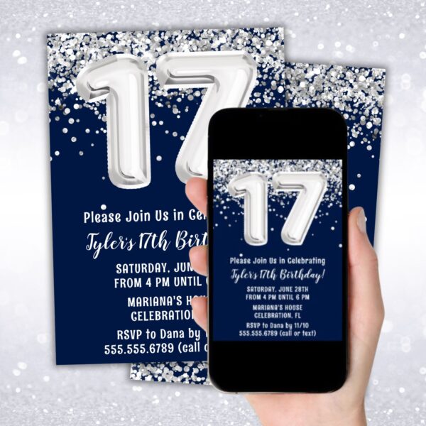 instant download navy blue silver 17th birthday party invitation