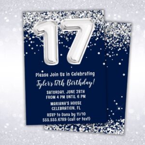 navy blue silver 17th birthday party invitation