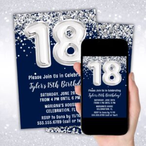 instant download navy blue silver 18th birthday party invitation