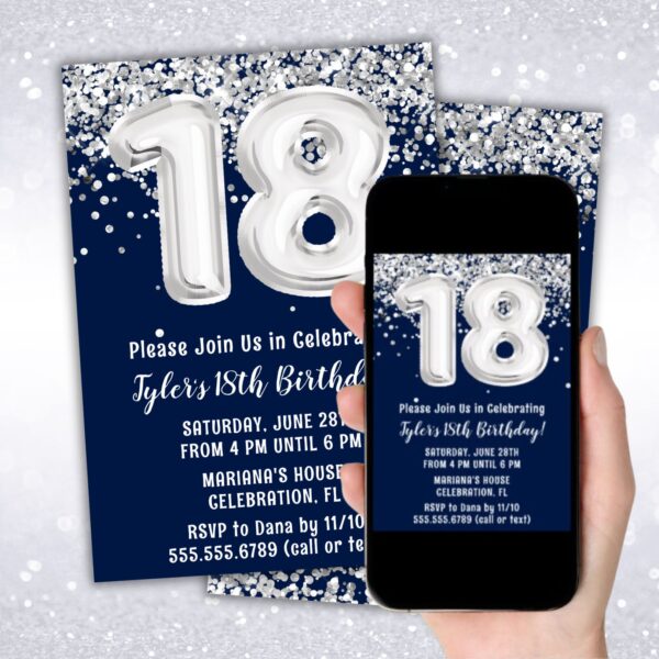 instant download navy blue silver 18th birthday party invitation